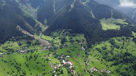 使用无人机从一个被森林和自然包围的村庄的高空进行航空摄影
