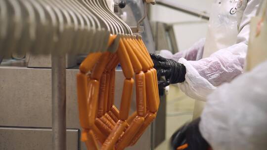 食品工厂里的工人在整理烤肠视频素材模板下载