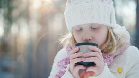女孩坐在街上喝热茶视频素材模板下载