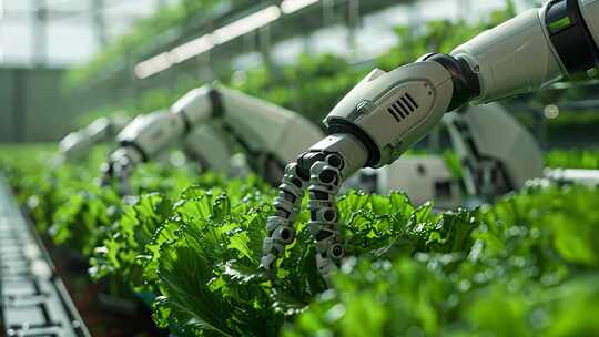 现代农业大棚内智能机器人正在养护蔬菜
