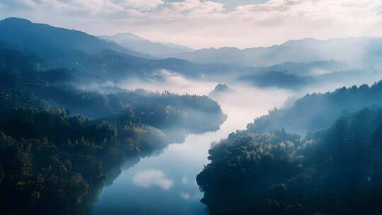 航拍清晨湖面湖水自然风景