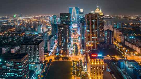 苏州金鸡湖东方之门城市夜景延时航拍
