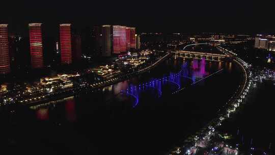 航拍内蒙古呼和浩特东河音乐喷泉夜景