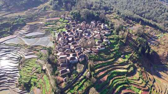 云南哈尼族元阳梯田阿者科古村落白昼航拍