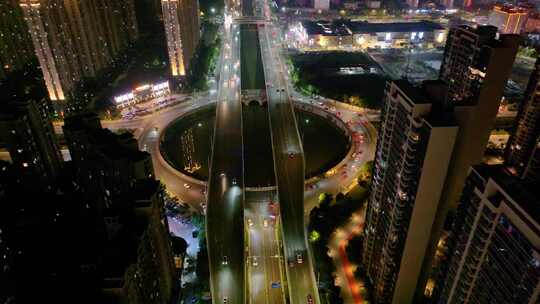 江西南昌红谷滩区赣江南大道夜晚夜景航拍高