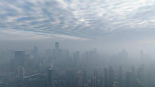 鱼鳞云早上晨雾建筑群城市天际线航拍沈阳