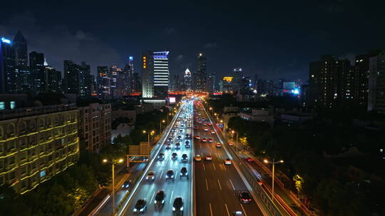 上海延安路高架车流长镜头航拍夜景