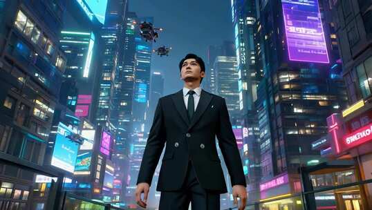 赛博朋克风城市中西装男人眺望