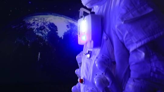 站在外星球俯视地球的太空员视频素材模板下载
