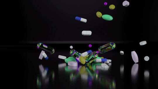 各种药丸落在黑色背景药物药丸抗生素维生素