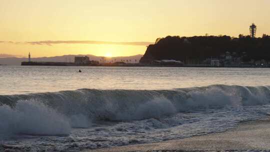 日本镰仓海边 落日风景沙滩海浪