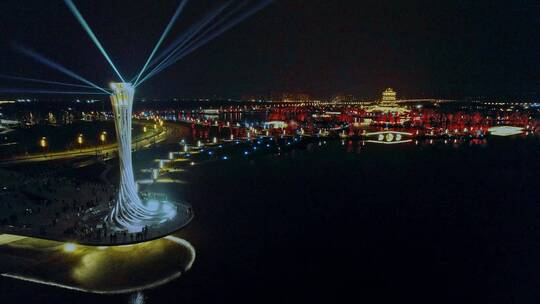 高清航拍成都大运会场馆地址东安湖夜景灯光视频素材模板下载