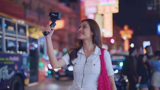 亚洲年轻女性vlogger在城市旅行时使