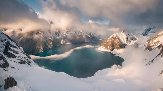 雪山环绕的蓝色湖泊全景