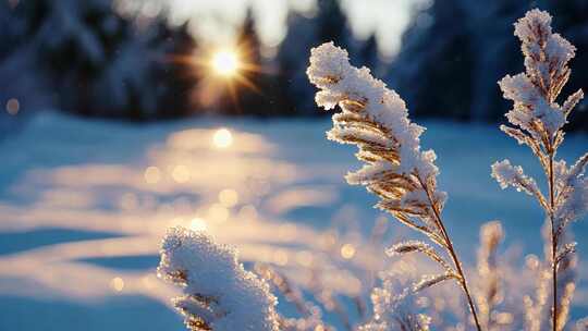 冬日夕阳下的雪地与野草