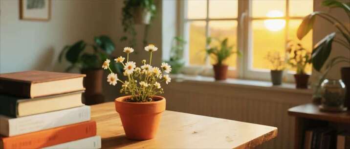 窗边木桌书籍与盆栽场景