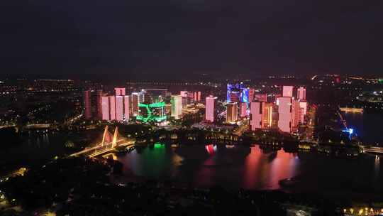 飞向城市河流高楼桥梁夜景亮化