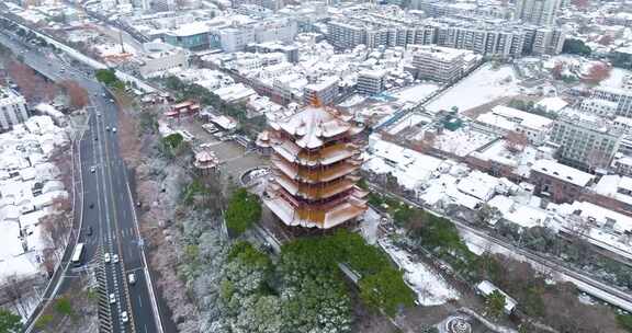 武汉黄鹤楼公园冬季雪景城市建筑