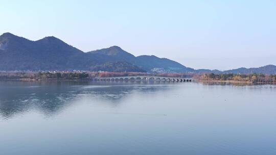 航拍杭州萧山著名景点湘湖风景区