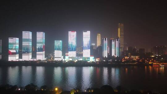 湖南长沙湘江橘子洲城市夜景灯光秀航拍