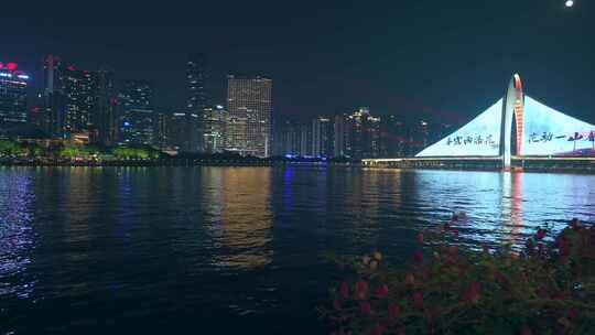 广州珠江猎德大桥与城市高楼建筑灯光秀