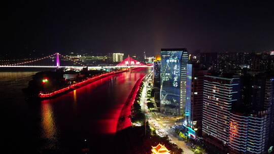 航拍湖北宜昌沿江大道至喜长江大桥夜景