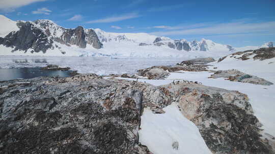 雪岩与企鹅。南极洲航拍。