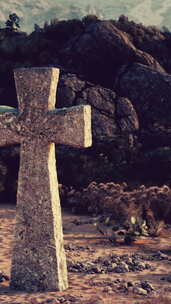 一个孤独的十字架站在广阔的沙漠景观
