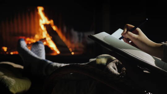 女孩坐在火炉旁写笔记视频素材模板下载