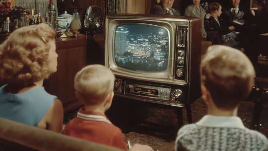 复古家庭观看电视节目城市夜景