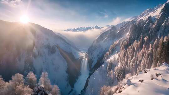 雪山森林间的瀑布景观