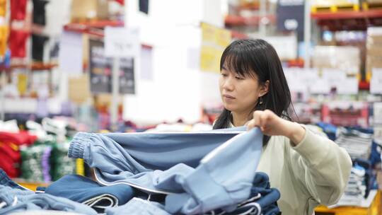 年轻女性在超市里选购货物衣服