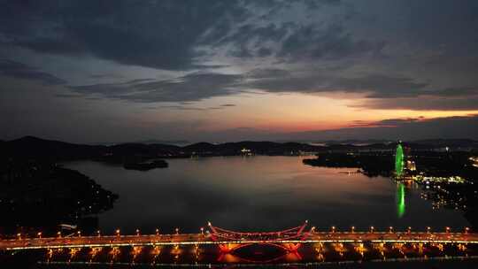 江苏无锡太湖城市夕阳晚霞夜幕降临航拍