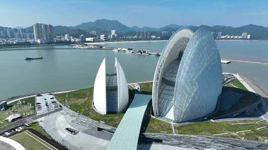 珠海日月贝航拍珠海大剧院地标城市建筑风光