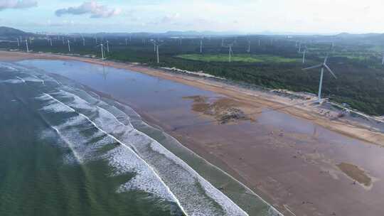 航拍平潭北部湾海上风电场夕阳火烧云鱼排