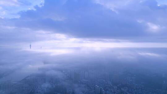 广州城市建筑群与云海云雾缭绕唯美风光航拍