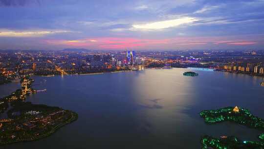 航拍苏州中心CBD金鸡湖东方之门城市夜景