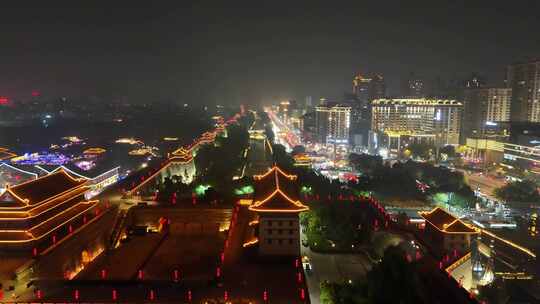 陕西西安城墙夜景西安永宁门夜景航拍