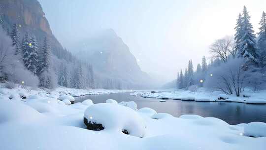 冬季白色积雪覆盖岩石地貌风光4k舞台粒子活动背景