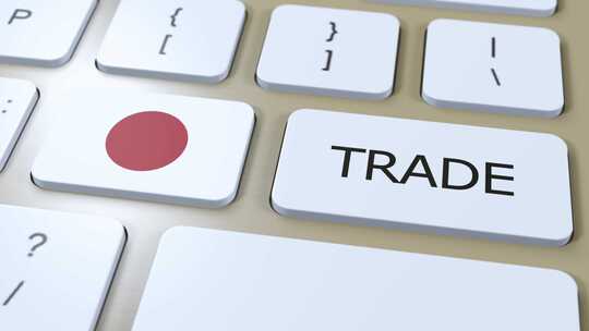 按钮3D动画上的日本国旗和贸易文本
