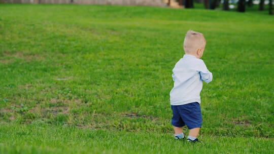 草地上的小男孩特写