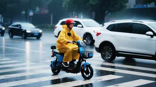 雨天骑电动车的出行者