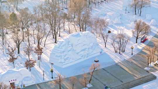 中国黑龙江哈尔滨太阳岛雪博会雪雕航拍