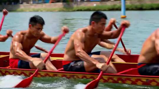 男子划龙舟奋力比赛场景