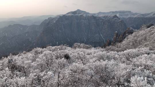 航拍焦作云台山峰林峡山脉冬季雾凇雪景