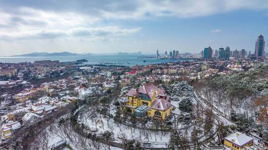 青岛城市风光雪景鸟瞰