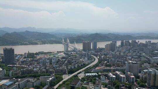 城市航拍湖北宜昌武夷长江大桥全景