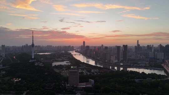 湖北武汉汉江夕阳晚霞夜幕降临航拍