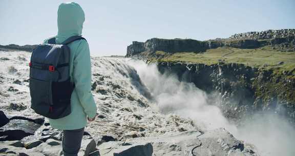 女人，Dettifoss，瀑布，冰岛