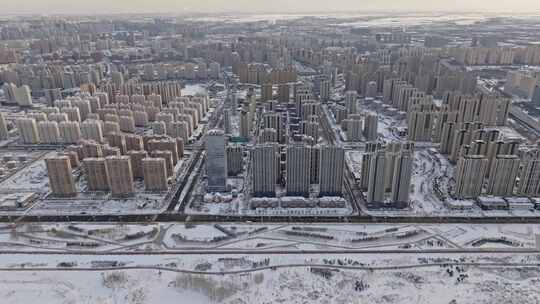 中国黑龙江哈尔滨现代住宅小区雪景航拍